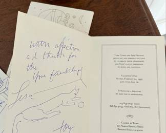 Original drawing by Tony Curtis and personalized invitations sent by Tony Curtis to a St. Valentine's Day celebration at Tatou Gallery in Beverly Hills using his 'Time' drawing as the cover.