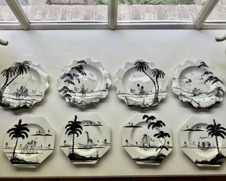 Set of 8 hand-painted in Oxford England grisaille plates by Deborah Sears, known for emulating 17th & 18th C English Delfware. There is also a rectangular footed cachepot with this design in white and green. 