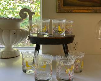 'Vive l'amour et le bon vin' set of 8 vintage French wine glasses with enamel decoration.