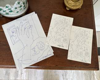 Original drawing by Tony Curtis and personalized invitations sent by Tony Curtis to a St. Valentine's Day celebration at Tatou Gallery in Beverly Hills using 'Time' by Tony Curtis (1925 - 2010) as the cover.