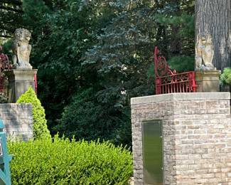 Another View of the pair of early 20th century English   wrought iron entranceway gates (including two pedestrian  gates) with central crest and Tudor rose decoration in all corners  and the Bath stone Lions.