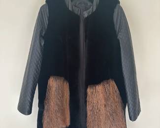 Current fur coat, black lapin (Rex), beaver and quilted lambskin sleeves. Size M.