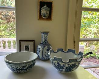 From an extensive collection of blue and white porcelain. Here pictured Canton bowl, Maitland-Smith Vase, and a vintage reproduction by Mottahedeh of a Chinese Export Monteith Scalloped Bowl made for the English market Ca. 1720