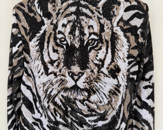 Back of St. John Evening by Mary Gray black, tan, and white tiger print knit jacket. Size 6. Made in U.S.A.