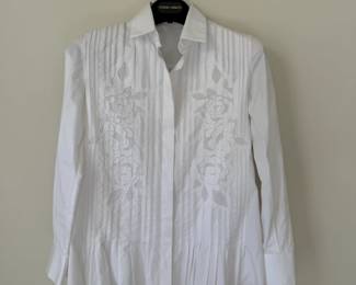 Ferragamo white cotton tailored shirt with floral cutouts. Italian size 40. Made in Italy.