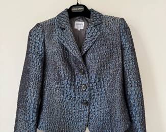 Armani Collezioni blue and charcoal crocodile pattern silk blazer. Size 6. Made in Italy