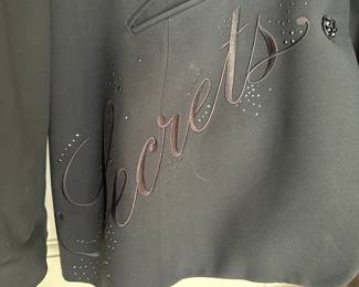 Detail of Moschino couture! Secrets Dreams embroidered and stoned blazer. Black Rayon/ Acetate by AEFFE SPA. European 38. U.S. 8