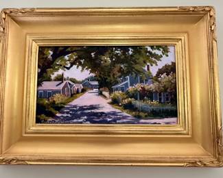 "Landscape." depicting New England Town by Bettina M. Lesieur (b. 1957}. Oil on canvas."
