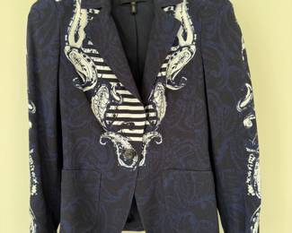 Escada navy, black, and white wool paisley print blazer. Size 34.