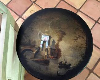 Venetian landscape painted on an ebonized papier-mâché round tripod occasional tilt-top table, inlaid with mother-of-pearl.