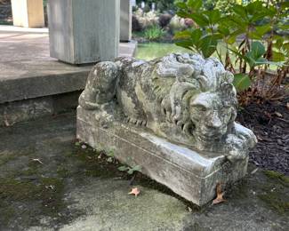 Detail of one of the white Carrara marble  recumbent lions. (One of a Pair)