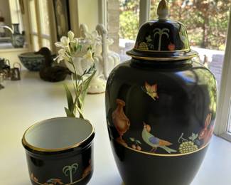 Red marked: 'Tiffany & Co. Private Stock Hand Painted Made in France.' Two pieces from a collection of ceramics hand-painted in France for Tiffany and Co. 
