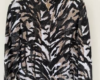 St. John Evening by Mary Gray black, tan, and white tiger print knit jacket. Size 6. Made in U.S.A.