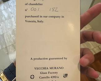 Certificate of authenticity for crystal chandeliers.