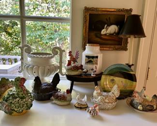 A collection of hen-on-nest dishes and other birds. Multiple makers including Dresden, Herend, Limoges, Majolica, Mottahedeh, Sheffield, Vista Alegre, etc. 
  
"Rabbits" After George Moreland hand-painted oil on canvas 20th C. 10"H x 12"W
