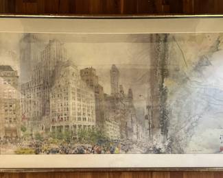 '5th at 57th Street' by Chen Chi (1912 - 2005) watercolour on paper. 37"H x 73"L. Acquired from the Chen Chi Studio in Gramercy Park, NY. 36.5"H x 62"W