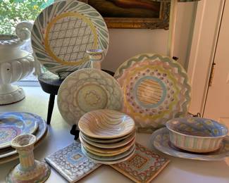 Collection of  MacKenzie-Childs' pastel lines including Rosy Check and Parchment Check. Hand-painted terracotta. 