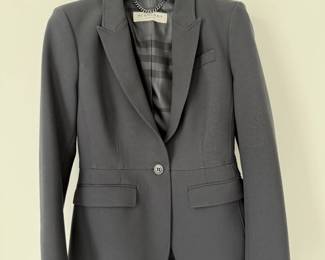 Burberry navy tailored blazer with black leather details. European size 38. Made in Portugal.