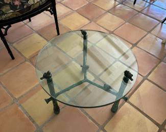 Ilana Goor, Israel (b.1936) Glass-topped verdigris bronze base coffee table decorated with birds