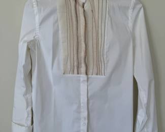 Brunello Cuccinelli white cotton tuxedo shirt with beige silk ruffles. Size S. Made in Italy.