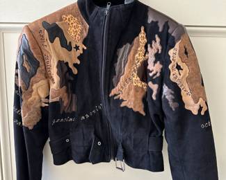 Jean Claude Jitrois black suede and leather jacket featuring a World Atlas design.