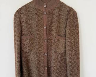 Emanuel Ungaro brown chevron pattern chenille cardigan. Size 6. Made in Italy.