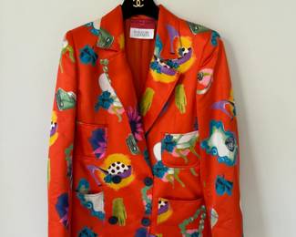 Emanuel Ungaro for Bergdorf Goodman post-modern orange print cotton/ silk blend blazer. Made in Italy