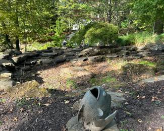'Dancing Koi Fish' garden fountain in bronze with verdigris patina. One of two. 