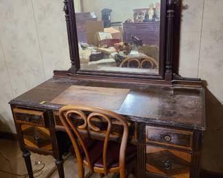 Antique vanity and mirror with chair