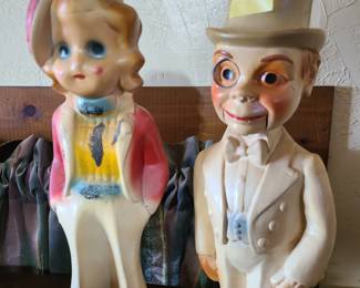 vintage Chalkware carnival prizes, Charlie McCarthy and Flapper Girl, 1940s