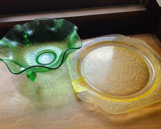 vintage footed green bowl, glass plate