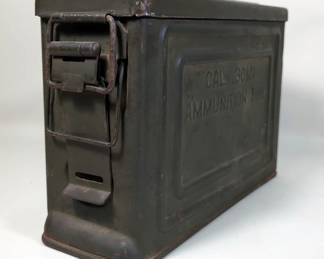Metal Ammo Cans, Marked TBC And Reeves With Flaming Bomb Insignia, 4" x 7" x 11" And 6" x 7" x 12", And Ammo Holders, Qty 5