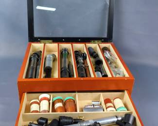 Reloading Tool Assortment, In Wood Organizer With Hinged Glass Lid And Pull-Out Draweranizer With Hinged Glass Lid And Pull-Out Drawer