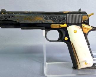 Colt Government Model MK IV .45 Auto Pistol SN# GV023144, 5" NM Bbl, Super High Polished Blue, Custom Engraved Commemorating The RMEF, 24K Gold Accents, Numbered 20 Of 50, Paperwork, In Hard Case