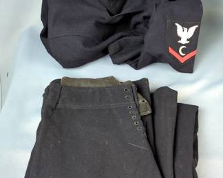 WWII Era US Navy White Uniform With Shirt And Trousers, WWII Era US Navy Blue Uniform With Shirt And Trousers, Navy Cap, Undershorts, US Navy Coveralls, US Navy Plate, And Chinese Navy Uniform