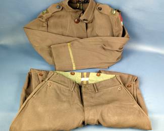 WWI Military Clothing And Accoutrements, Includes Jacket With 30th Infantry Insignia, Military Trousers, Qty 2, Shirts, Qty 2 (One With Insignia), Underwear Bottoms, Qty 2, Leggings, Qty 4, Mess Kits And Utensils Dated 1918 (Knife 1917), US Army Wallet, Backpack, And Shoulder Bag