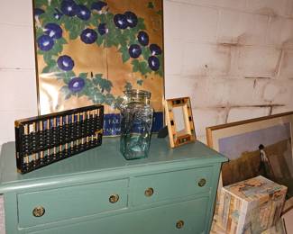 Green chest, oriental poster, decorative stackable nesting boxes, abacus