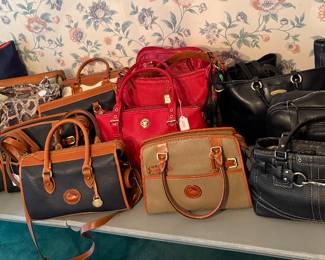 large assortment of handbags, dooney & bourke, Brahmin, coach