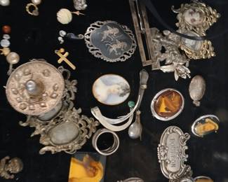 19th c STERLING SILVER JEWELRY & PHOTO FRAME + PIN + MORE.......