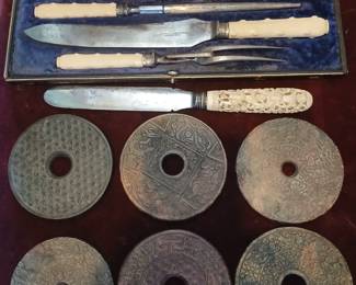 Bone carved sterling silver flatware set & 19th c CARVED JADE DISK SETS