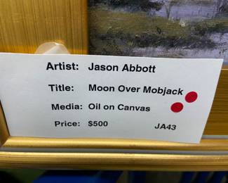 Jason Abbott, local artist, “Moon over Mobjack” oil on canvas, purchased in 2019 at the Gloucester Arts on Main for originally $500  (photo or receipt follows)