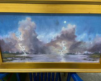 Jason Abbott, local artist, “Moon over Mobjack” oil on canvas, purchased in 2019 at the Gloucester Arts on Main for originally $500  (photo or receipt follows) 17” x 30”