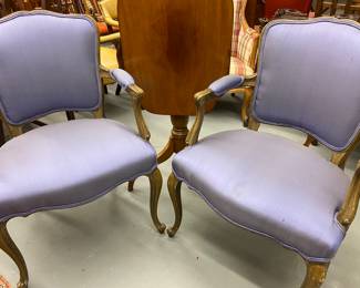 Pair of elegant Louis XV French armchair w/lavender upholstery, possibly silk.  The label on the bottom indicates that the chairs are old & have horse & hog hair cushions.