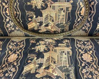 Close-up of Empire-style Chinoiserie single seat sofa with Neoclassical carvings and fluted columns