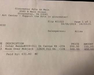 Receipt from the Gloucester Arts on Main for the two Jason Abbott oil on canvas art from 2019