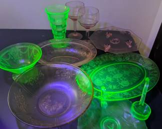 Glowing depression glass (under UV)