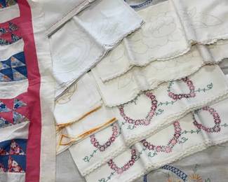 Hand Made Cross Stitch Pillow Cases, Table Cloths, Misc Pieces QuiltUnfinished