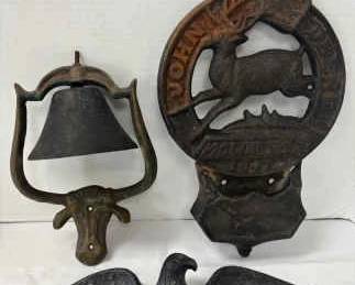 Vintage Cast Iron John Deer Letter Holder, Cast Iron Dinner Bell Worh Cow, Metal Eagle