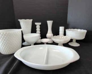 Milk Glassware Set w. Three Vases