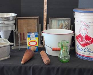 Vintage Wood Pestles, Vintage So Good Potato Chips, Vintage Pail, Uranium glass vase More